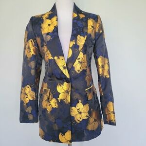 ZARA BASICS Navy Gold Floral Jacquard Blogger Favorite Blazer Sz Medium